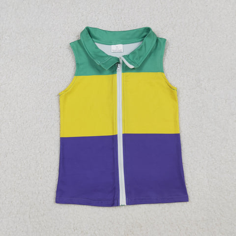 BT1157 Mardi Gras Green Gold Purple Kids Zipper Vest Top