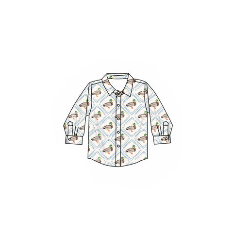 Preorder 06.10 BT1253 Mallard Ducks Green Buttons Kids Boys Shirt