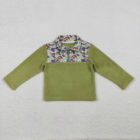 BT1308 Hunting Camo Green Sherpa Zipper Kids Boys Pullover