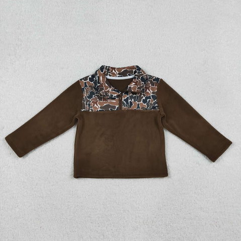 BT1309 Hunting Camo Brown Sherpa Zipper Kids Boys Pullover