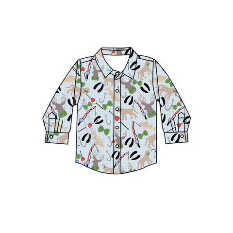 Preorder MOQ 5 pcs BT1322 Hunting Fishing Dog Green Buttons Kids Boys Shirt