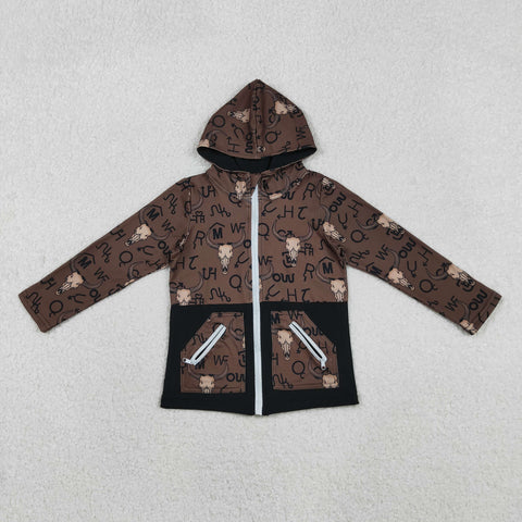 BT1337 Skull Bull Brown Hoodie Kids Zipper Coat