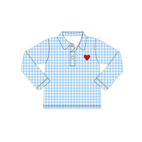 Preorder 10.15 MOQ 5 pcs BT1386 Valentine's Day Love Blue Plaid Kids Boys Polo Shirt Top