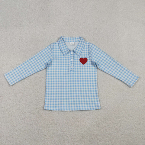 BT1386 Valentine's Day Love Blue Plaid Kids Boys Polo Shirt Top