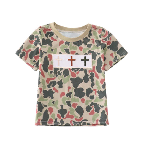 Preorder 10.23 MOQ 5 pcs BT1395 Easter Cross Camo Kids Boys Shirt Top