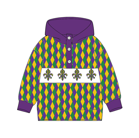 10.10 Pre-order BT1403 baby boys Mardi  Gras checkered purple hoodie top