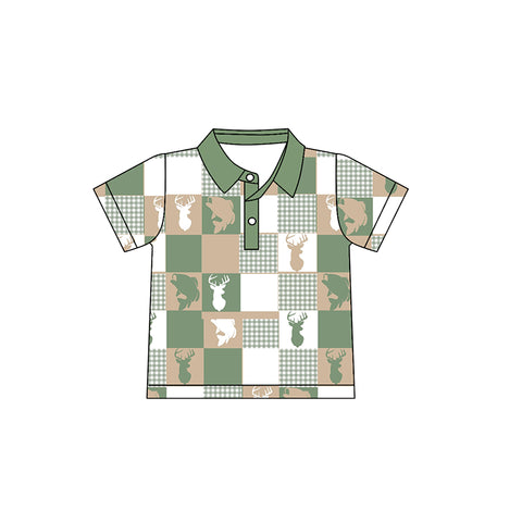 Preorder 11.16 MOQ 5 pcs BT1409 Hunting Elk Fish Green Kids Boys Polo Shirt Top