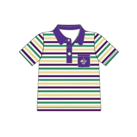 Preorder 11.20 MOQ 5 pcs BT1436 Mardi Gras Stripe Kids Boys Polo Shirt Top
