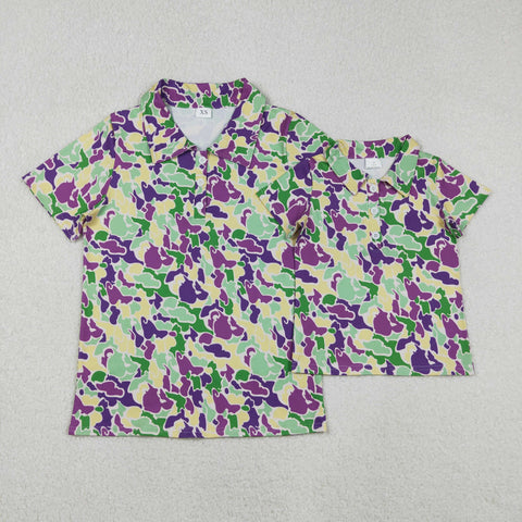 BT1452 Mardi Gras Camo Polo Daddy And Me Kids Men Adult's Shirt Top