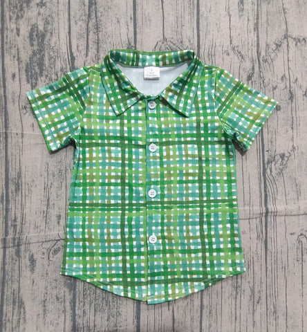 Preorder Samples BT1456 St. Patrick Green Plaid Buttons Kids Boys Shirt