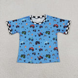 BT1496 Cartoon Car Flag Blue Color Kids Boys Shirt Top