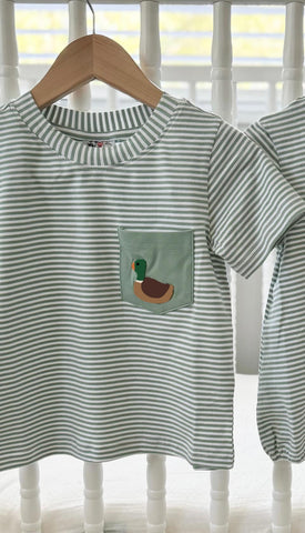 Preorder 12.11 MOQ 5 pcs BT1557 Mallard Ducks Green Stripe Kids Boys Shirt Top