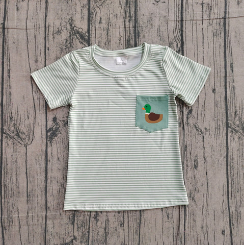 Preorder Samples BT1557 Embroidery Mallard Ducks Green Stripe Kids Boys Shirt Top