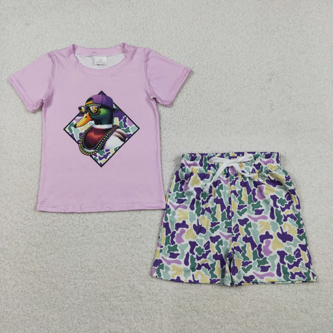 BSSO1583 Mardi Gras Mallard Ducks Camo Purple Boys Shorts Set