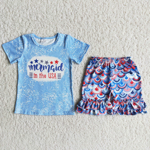 SALE D13-19 4th of July Mermaid Girl's Shorts Set