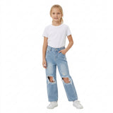 D4-16 Fashion Ripped Hole Jeans Denim Flared Pants Boy And Girl