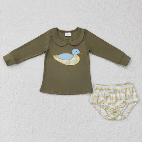 GBO0186 Embroidery Mallard Duck Green Baby Bummie Set