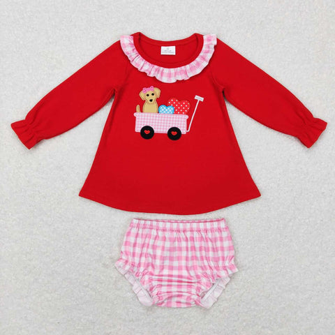 GBO0191 Embroidery Dog Love Car Red Baby Bummie Set Girl