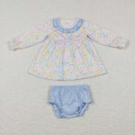 GBO0193 Flower Floral Blue Baby Bummie Set Girl