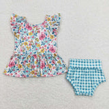 GBO0257 Flower Floral Blue Plaid Cute Baby Bummie Set