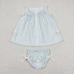 GBO0259 Sky Blue Plaid Cute Baby Bummie Set