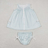 GBO0259 Sky Blue Plaid Cute Baby Bummie Set