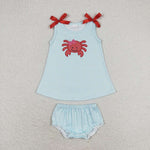 GBO0267 Embroidery Crab Blue Plaid Cute Baby Bummie Set