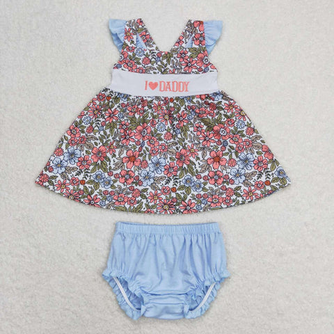 GBO0294 Embroidery I LOVE DADDY Flower Blue Baby Girl Bummie Set