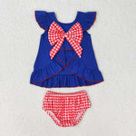 GBO0311 Embroidery USA Flag Plaid Baby Girl Bummie Set