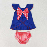 GBO0311 Embroidery USA Flag Plaid Baby Girl Bummie Set