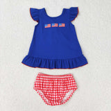 GBO0311 Embroidery USA Flag Plaid Baby Girl Bummie Set