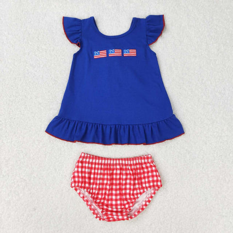 GBO0311 Embroidery USA Flag Plaid Baby Girl Bummie Set