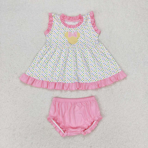 GBO0314 Cartoon Mouse Pink Dots Baby Girl Bummie Set