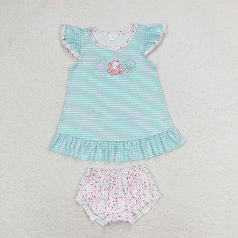 GBO0316 Embroidery Ocean Octopus Mint Baby Girl Bummie Set