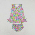 GBO0352 Summer Garden Flower Green Pink Girls Bummie Set