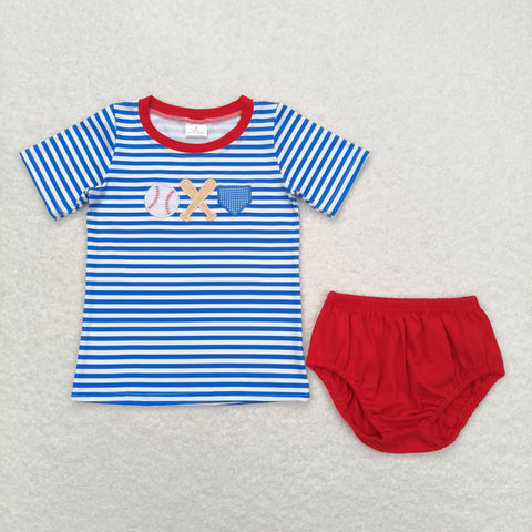 GBO0355 Embroidery Softball Stripe Red Baby Boy Bummie Set