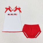 GBO0396 Embroidery USA Flag Red Baby Girl Bummie Set