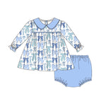 GBO0423 Tie Bow Blue Girls Bummie Set