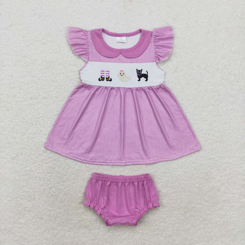 GBO0415 Embroidery Halloween Cat Purple Girls Bummie Set