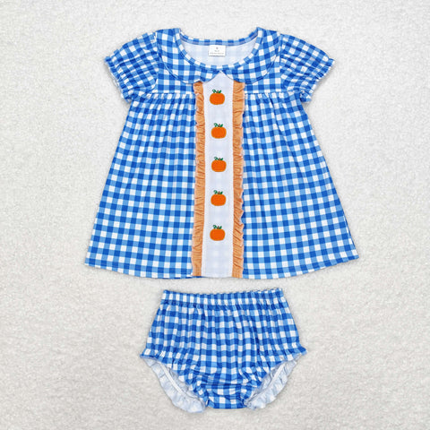 GBO0431 Embroidery Pumpkin Blue Plaid Cute Girls Bummie Set