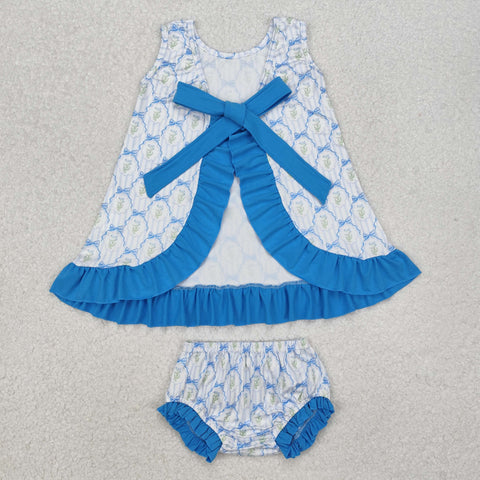 GBO0450 Bow Flower Blue Stripe Girls Bummie Set