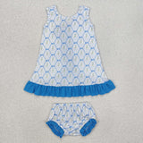 GBO0450 Bow Flower Blue Stripe Girls Bummie Set