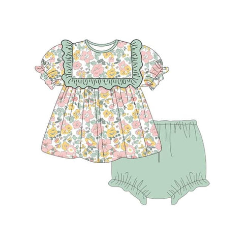 Preorder 12.05 GBO0455 Green Flower Girls Bummie Set