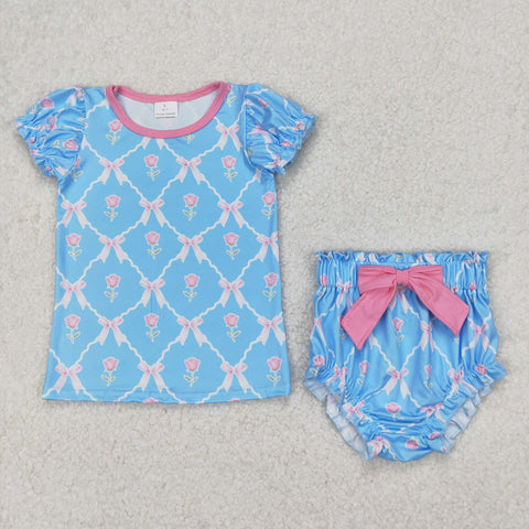 GBO0461 Bows Flower Blue Girls Bummie Set