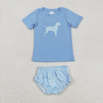 GBO0470 Embroidery Dog Sku Blue Plaid Baby Bummie Set