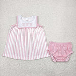 GBO0476 Embroidery Coquette Bows Pink Stripe Baby Bummie Set