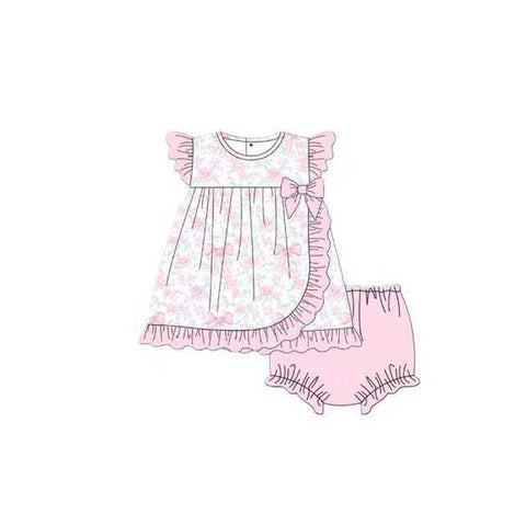 Preorder 11.01 MOQ 5 pcs GBO0483 Flower Bows Pink Baby Bummie Set