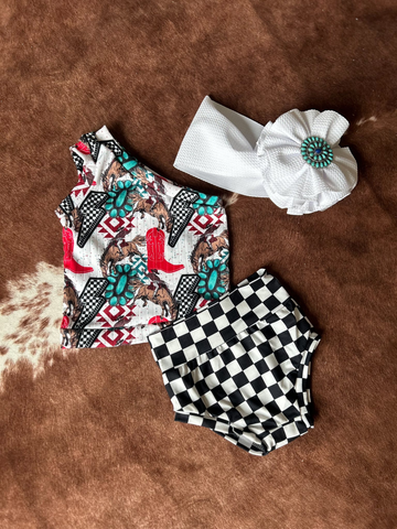 Preorder 12.12 MOQ 5 pcs GBO0485 Western Turquoise Baby Bummie Set