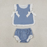 GBO0528 Blue Plaid Bows Baby Bummie Diaper Set