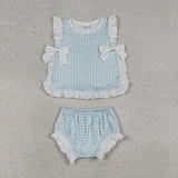 GBO0529 Aqua Sky Blue Plaid Bows Baby Bummie Diaper Outfits